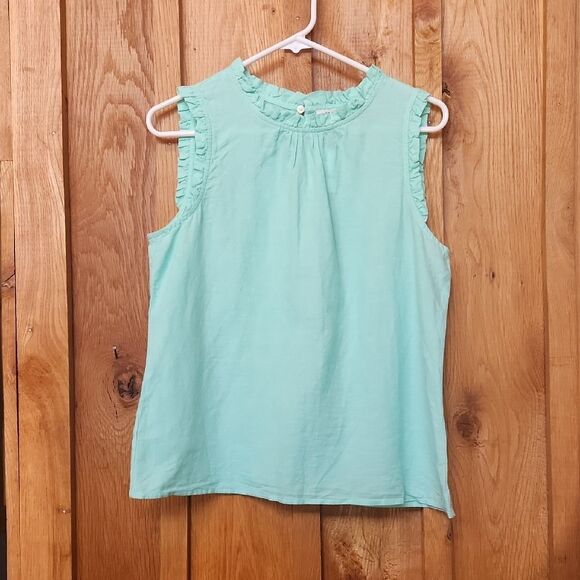 J. Crew Mint Green Ruffled Sleeveless Linen Lightweight Relaxed Fit Blouse Small - Picture 1 of 8